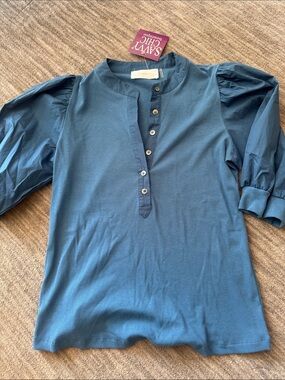 Slate Blue Puff-Sleeve Henley Top